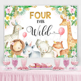Lofaris Four Ever Wild Animals Pink Floral 4th Birthday Backdrop for Girls